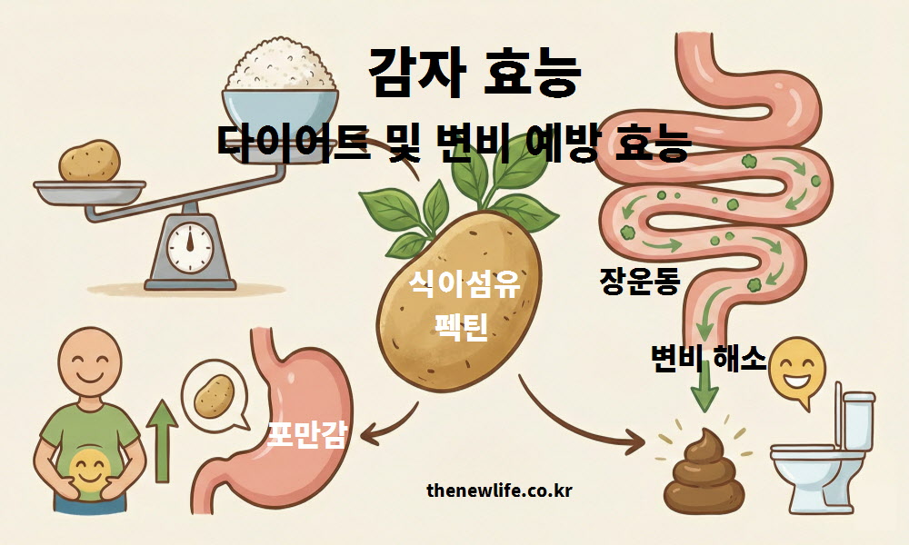 밥보다 칼로리가 낮아 체중 감량에 좋고, 풍부한 식이섬유 펙틴이 포만감을 주어 장운동을 촉진하고 변비를 해소하는 감자의 다이어트 효능 인포그래픽