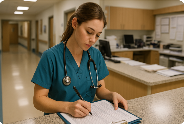 신규 간호사가 환자 리스트를 보며 환자 파악을 하는 모습