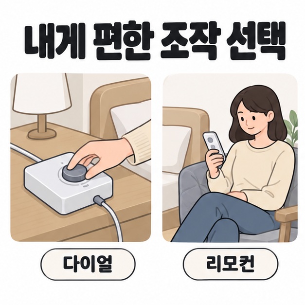 내게 편한 조작 선택 문구 아래 다이얼을 돌리는 손과 의자에 앉아 리모컨을 확인하는 여성을 비교한 그림
