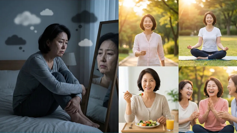 갱년기 우울증과 호르몬 불균형으로 고통받던 중장년 여성이 마음 회복 3단계 비법으로 활짝 웃음을 되찾는 Before/After 모습. 갱년기 극복과 마음 건강 관리.