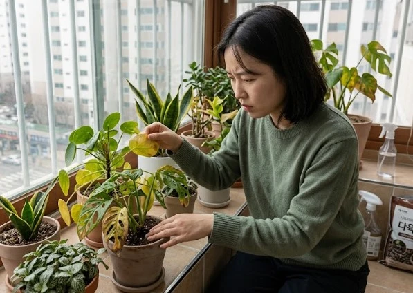 잎이 처지고 노랗게 변한 식물을 점검하며 응급처치하는 모습