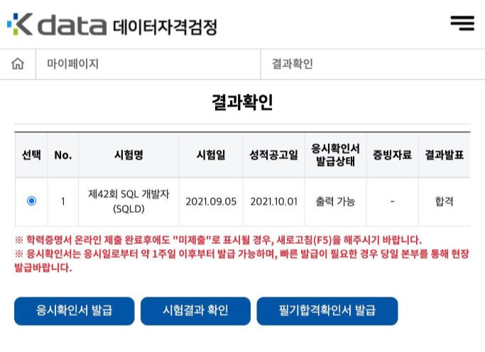데이터자격검정 로그인 후 SQLD 시험 결과확인 화면