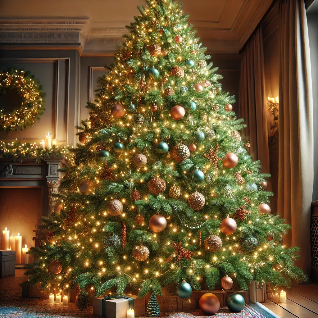 리얼한 디테일의 PE 크리스마스 트리&amp;#44; 아름답게 장식된 모습과 따뜻한 실내 분위기