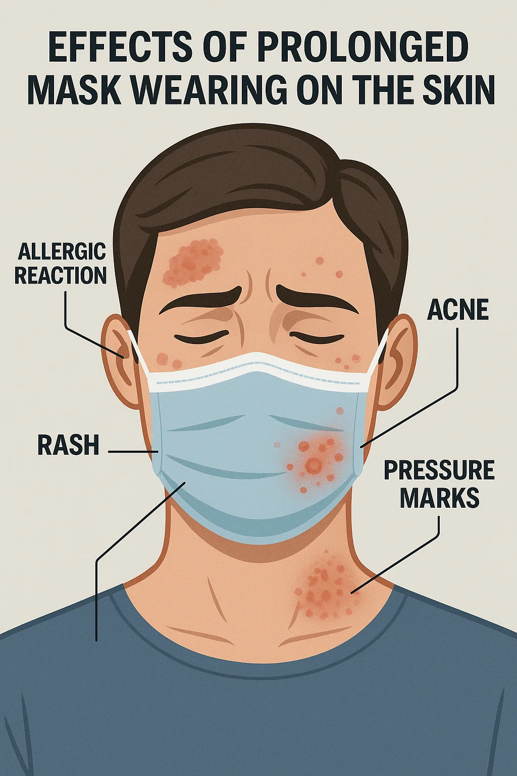 장시간 마스크 착용으로 인한 피부 트러블(여드름, 압박자국, 발진, 알레르기 반응 등)을 설명한 일러스트