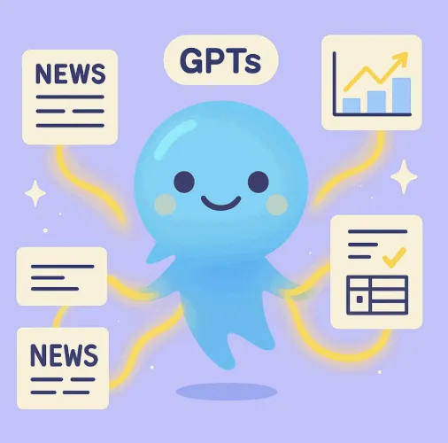 GPTs 캐릭터가 뉴스 요약, 데이터 분석, 문서 자동화를 동시에 수행하는 모습을 묘사한 일러스트 이미지. 이 이미지는 GPTs라는 이름이 표시된 파란색 AI 캐릭터가 다양한 문서를 요약하고 자동 생성하는 장면을 통해, 사용자 맞춤형 에이전트로서의 GPTs 기능을 시각적으로 설명함 (GPTs automation, AI assistant, document summarization)