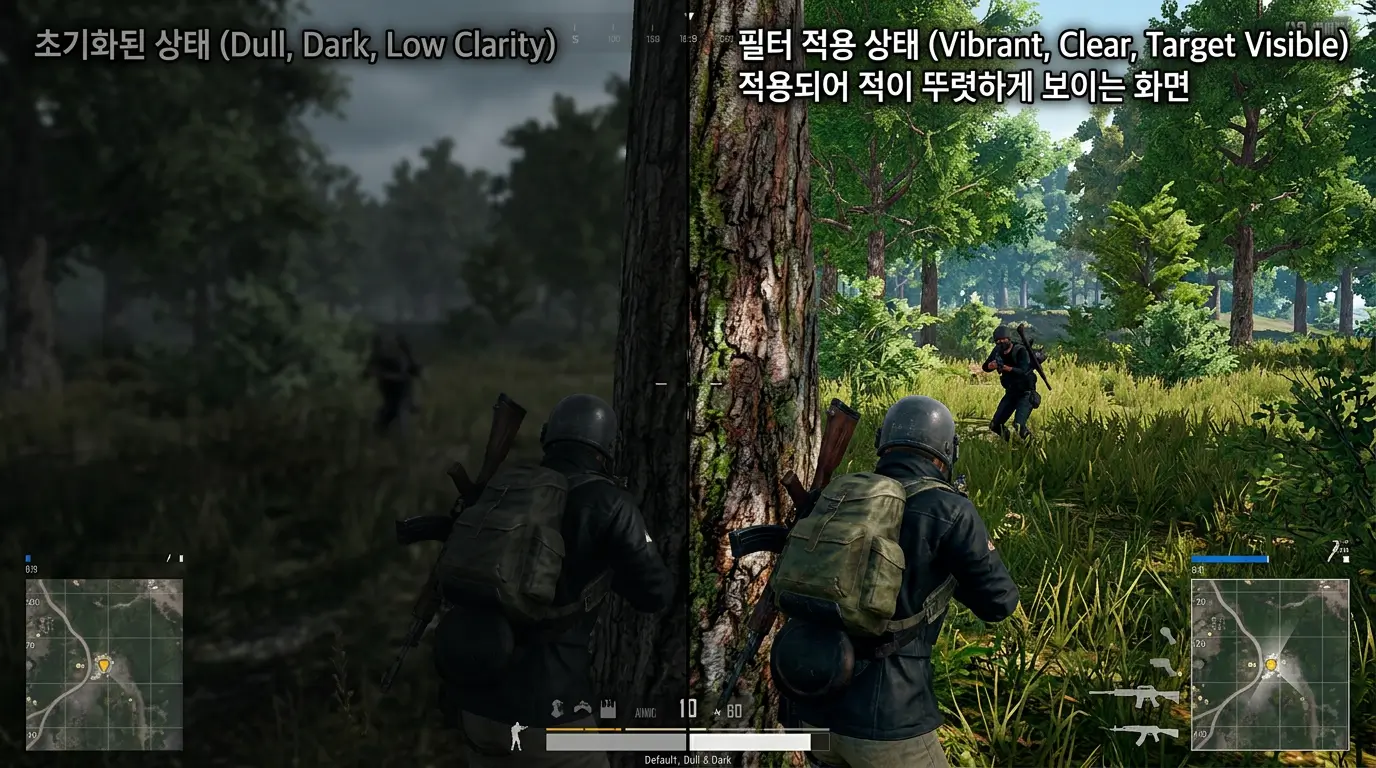 초기화되어 칙칙하고 어두운 배그 화면과 다이나믹 바이브런스 및 선명도 필터가 적용되어 적이 뚜렷하게 보이는 화면의 극명한 대비
