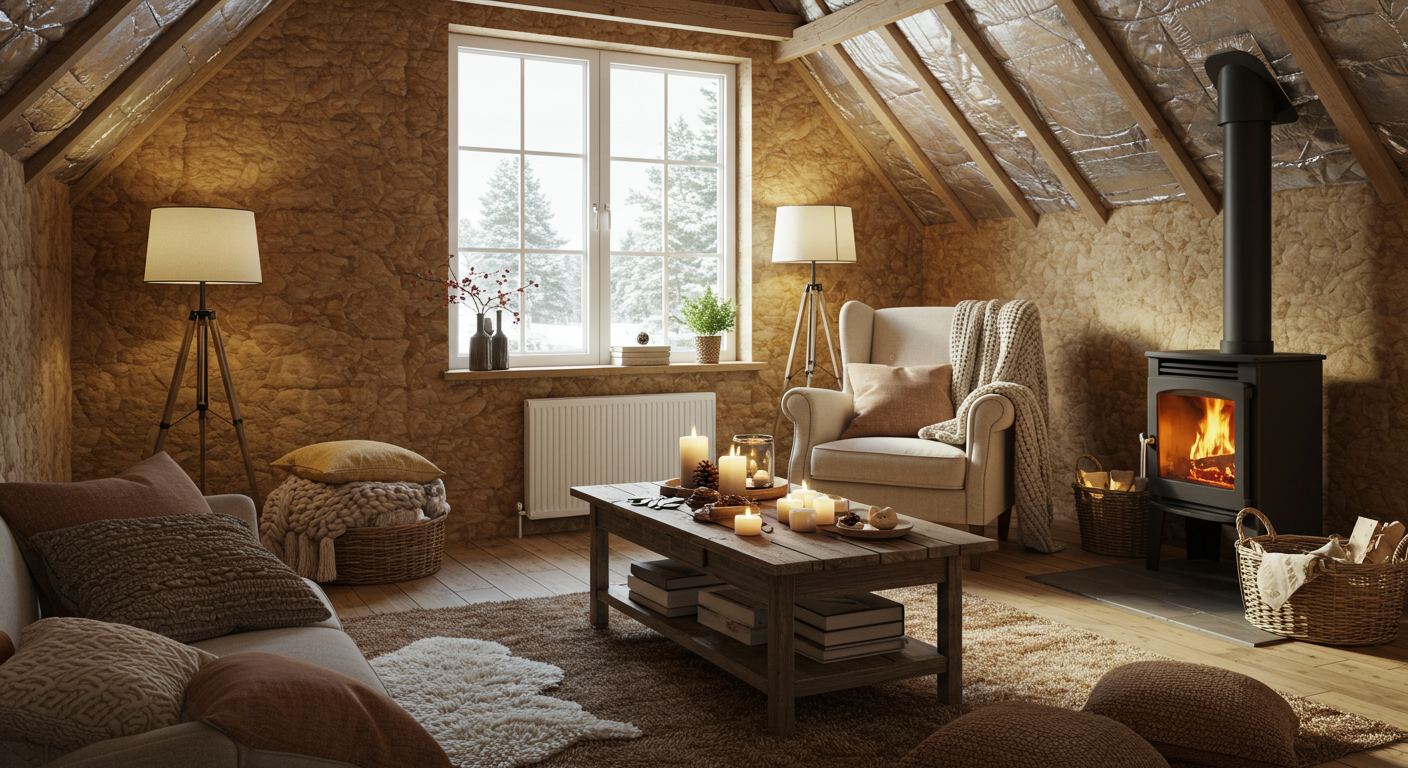 단열재와 방한 용품으로 꾸며진 아늑한 방