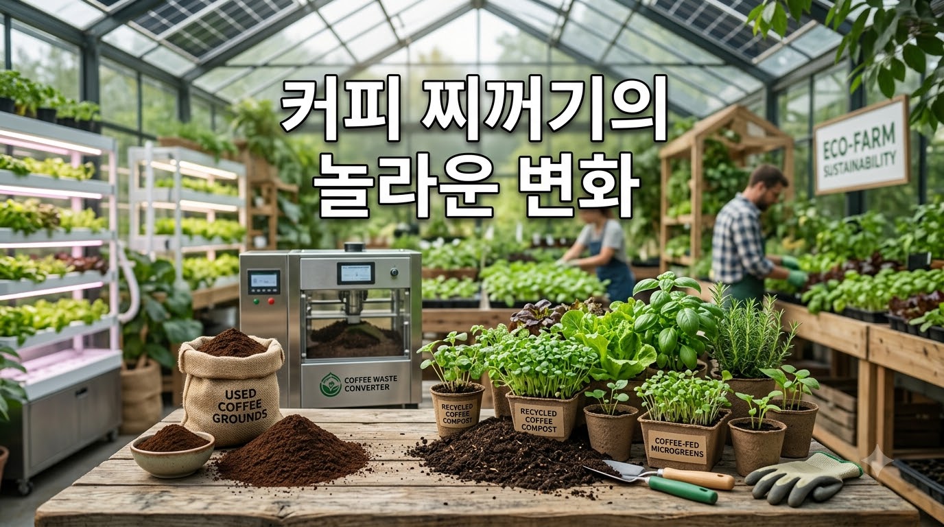 싱그러운 밭에 신선한 커피 찌꺼기를 유기농 퇴비로 활용하여 건강하게 자란 채소들을 돌보는 농부의 모습