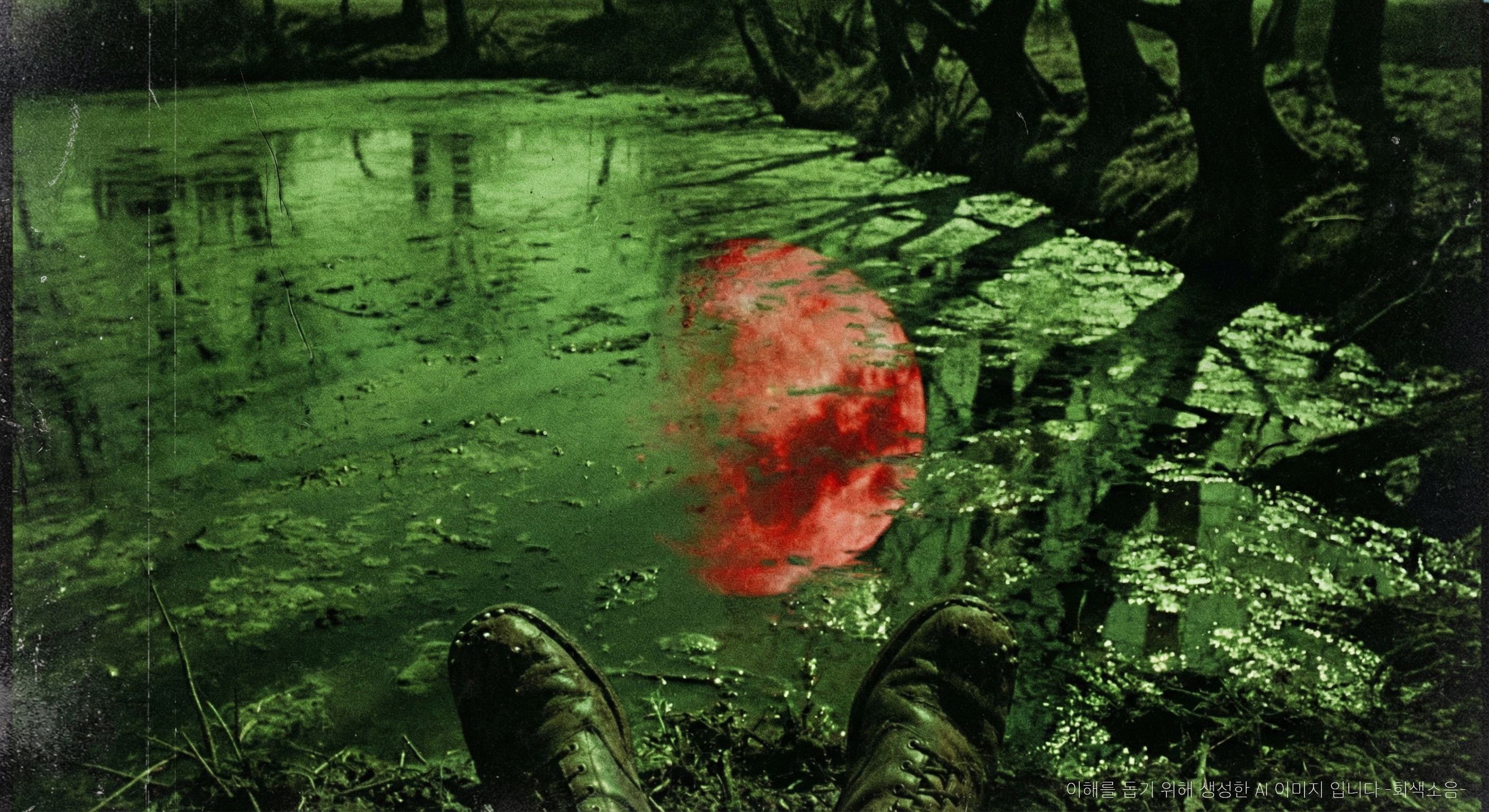 음산한 연못의 수면 : 밤의 탁한 초록 연못 수면에 왜곡된 붉은 달이 반사되고, 화면 아래에는 진흙 묻은 군화가 가장자리에 서 있어 불길한 대비를 이루는 거친 필름 장면.