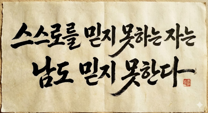 캘리그라피 "스스로를 믿지 못하는 자는 남도 믿지 못한다"