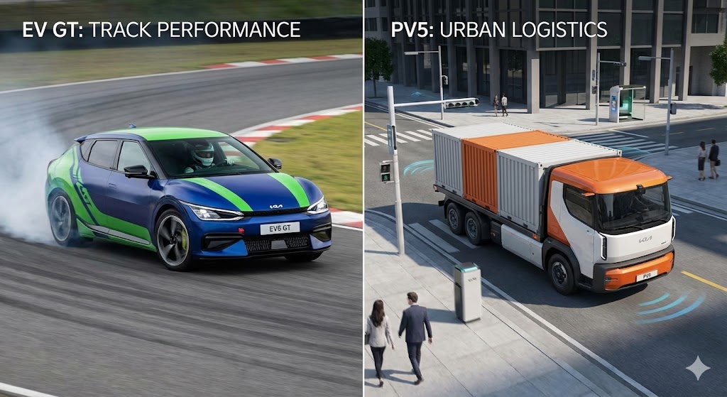 (왼쪽) 질주 본능을 깨우는 날렵한 EV GT / (오른쪽) 짐을 가득 싣고 스마트하게 배송 중인 PV5 트럭의 분할 이미지