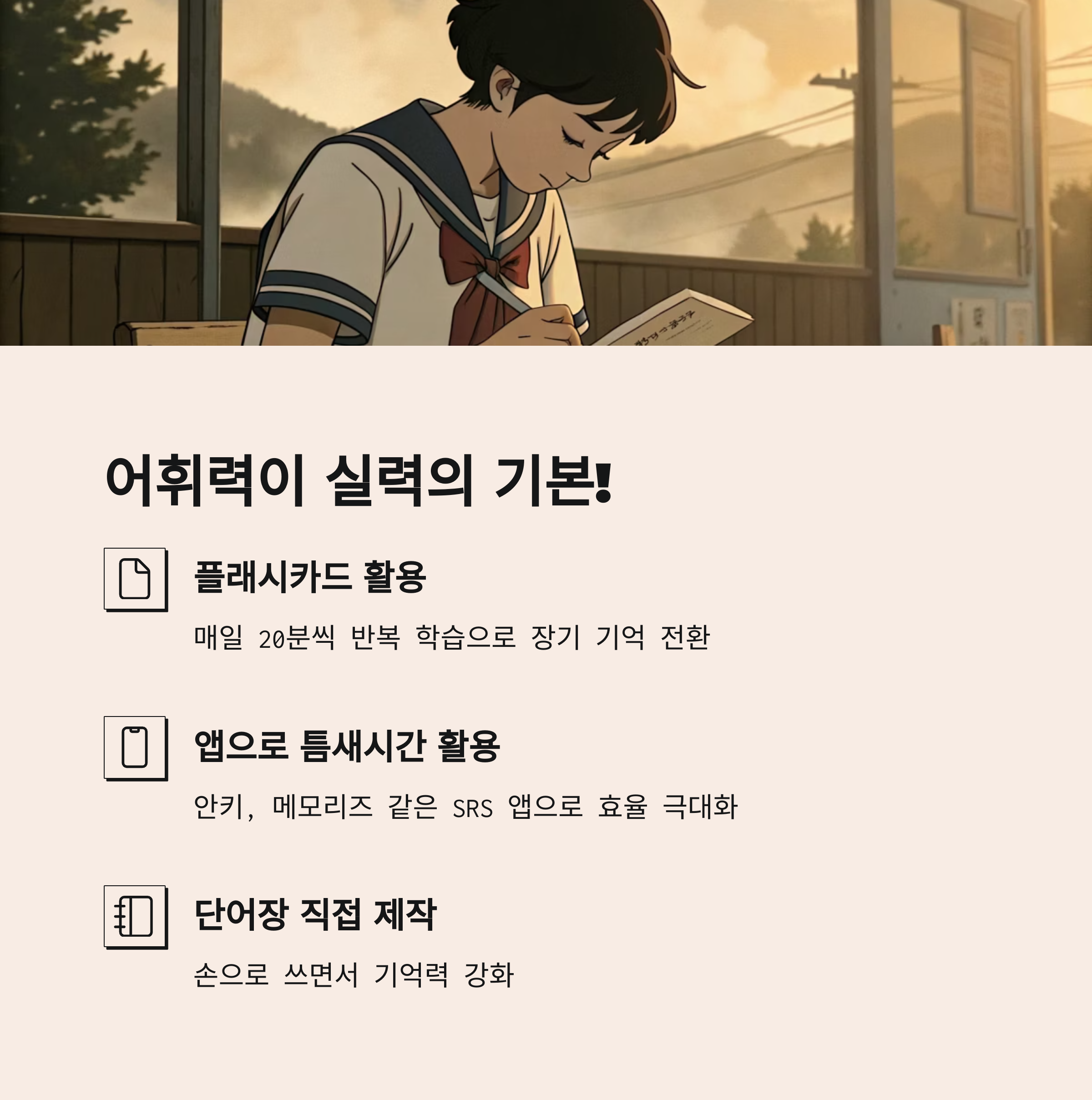 JLPT 단어장 또는 플래시 카드를 활용한 어휘 학습 이미지