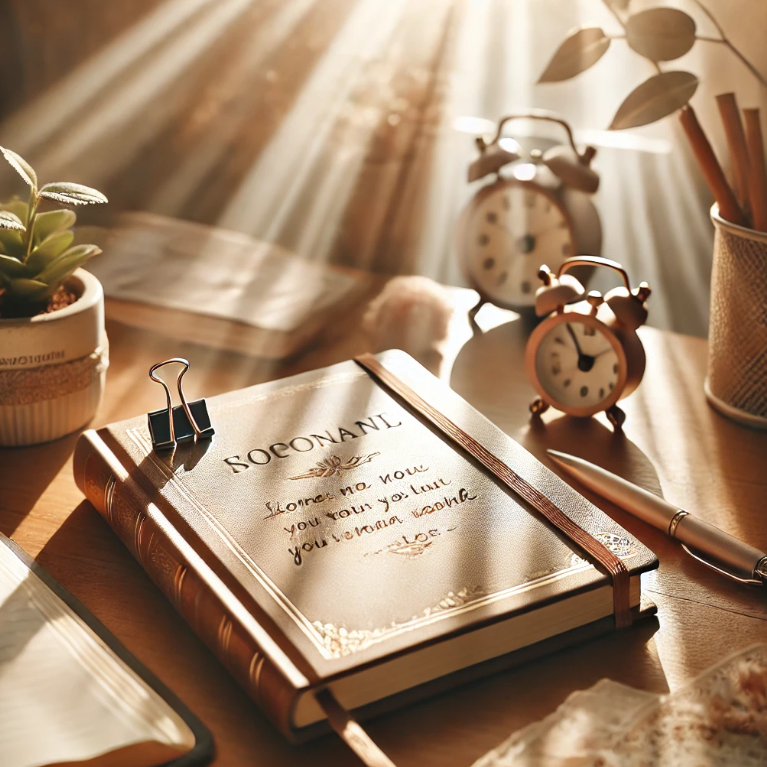 명언이 적힌 다이어리와 펜, 책상 위에 따뜻한 햇빛이 비추는 장면
