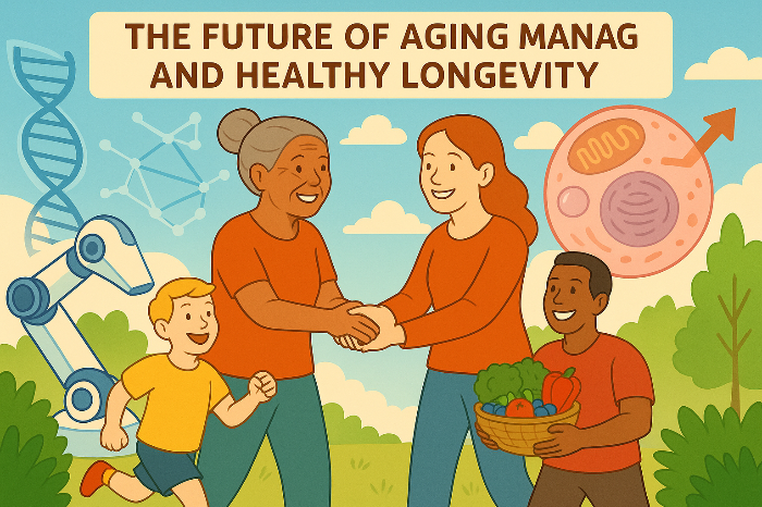 노화 관리의 미래와 건강한 장수를 상징하는 미래지향적 이미지