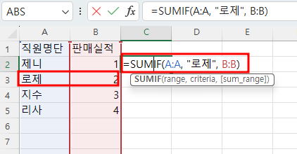 엑셀 SUMIF함수 예제