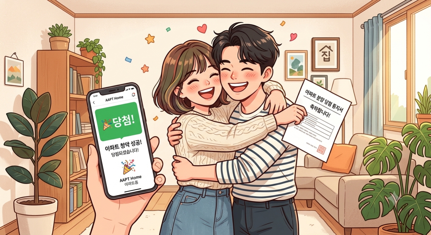 아파트 청약에 당첨되어 매우 기뻐하고있는 신혼부부를 표현한 이미지