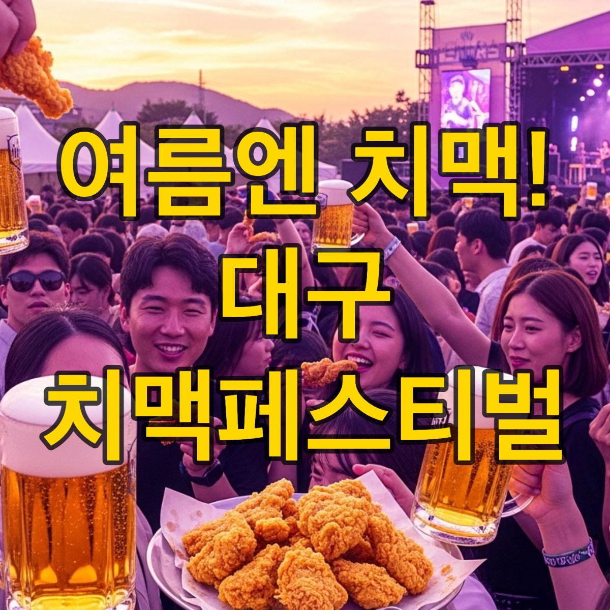수많은 인파가 모여 치킨과 맥주를 즐기는 대구 치맥페스티벌의 활기찬 모습, 무대에서는 공연이 펼쳐지고 다채로운 보라색과 노란색 조명이 축제 분위기를 더한다.