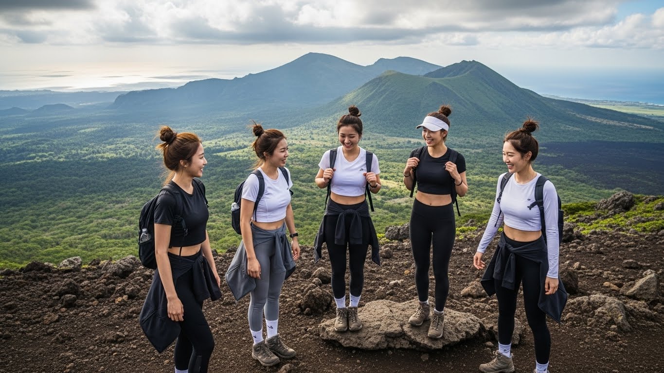 한라산 등반중인 여성들