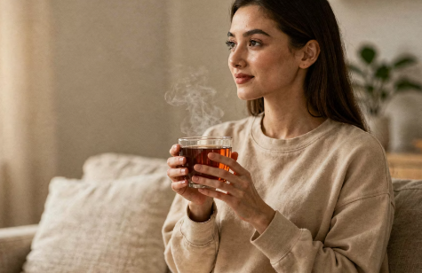 여성이 팥차를 마시는모습