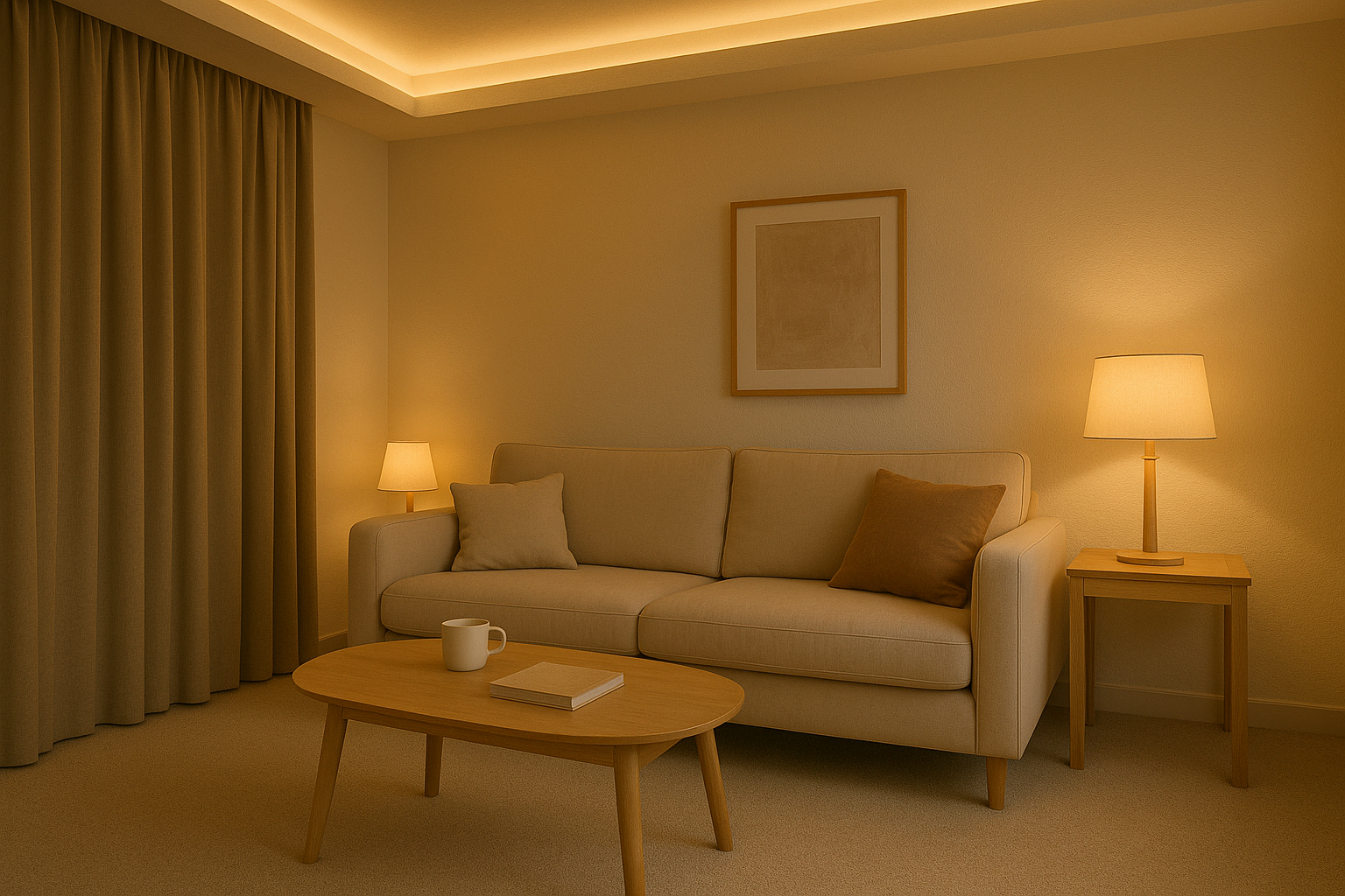 거실의 천장과 벽면에 간접조명이 켜진 따뜻한 인테리어