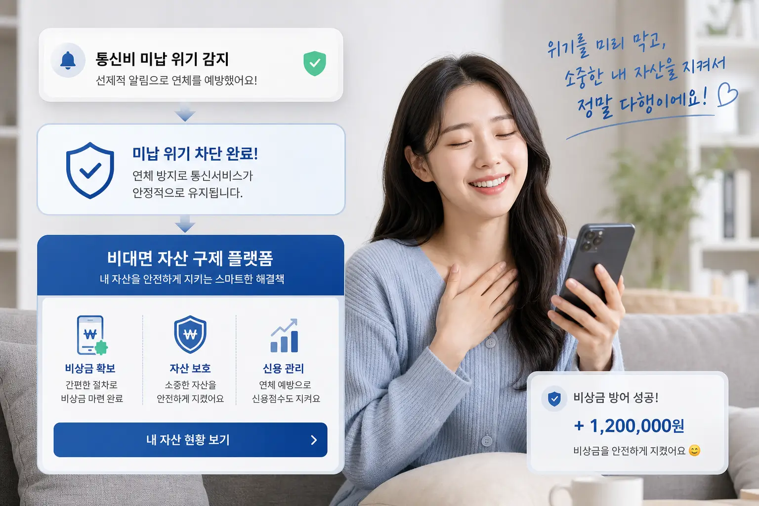 통신비 미납 위기를 선제적으로 차단하고 비대면 자산 구제 플랫폼을 가동하여 비상금을 방어한 차주의 안도하는 모습