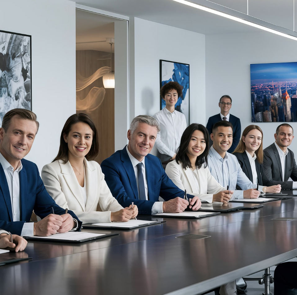 회의실에서 지원자의 자기소개서를 검토하며 면접을 진행하는 면접관들의 모습