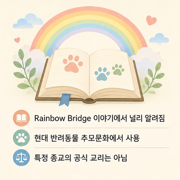 책과 무지개, 반려동물 발자국을 통해 오늘날의 무지개 다리 표현이 반려동물 추모문화에서 널리 사용되는 상징적인 이야기임을 보여 주는 그림