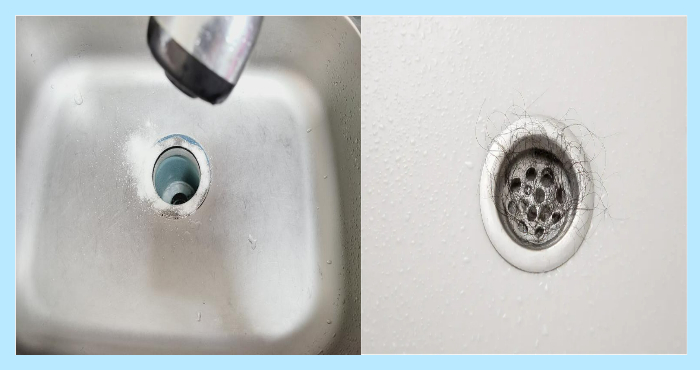 주방 싱크대 배수구와 머리카락이 걸린 욕실 배수구의 모습
