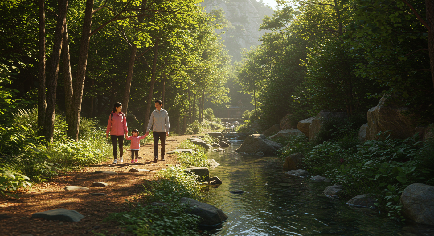 인제 백담사로 향하는 설악산 숲길을 한국인 가족이 트래킹하는 모습