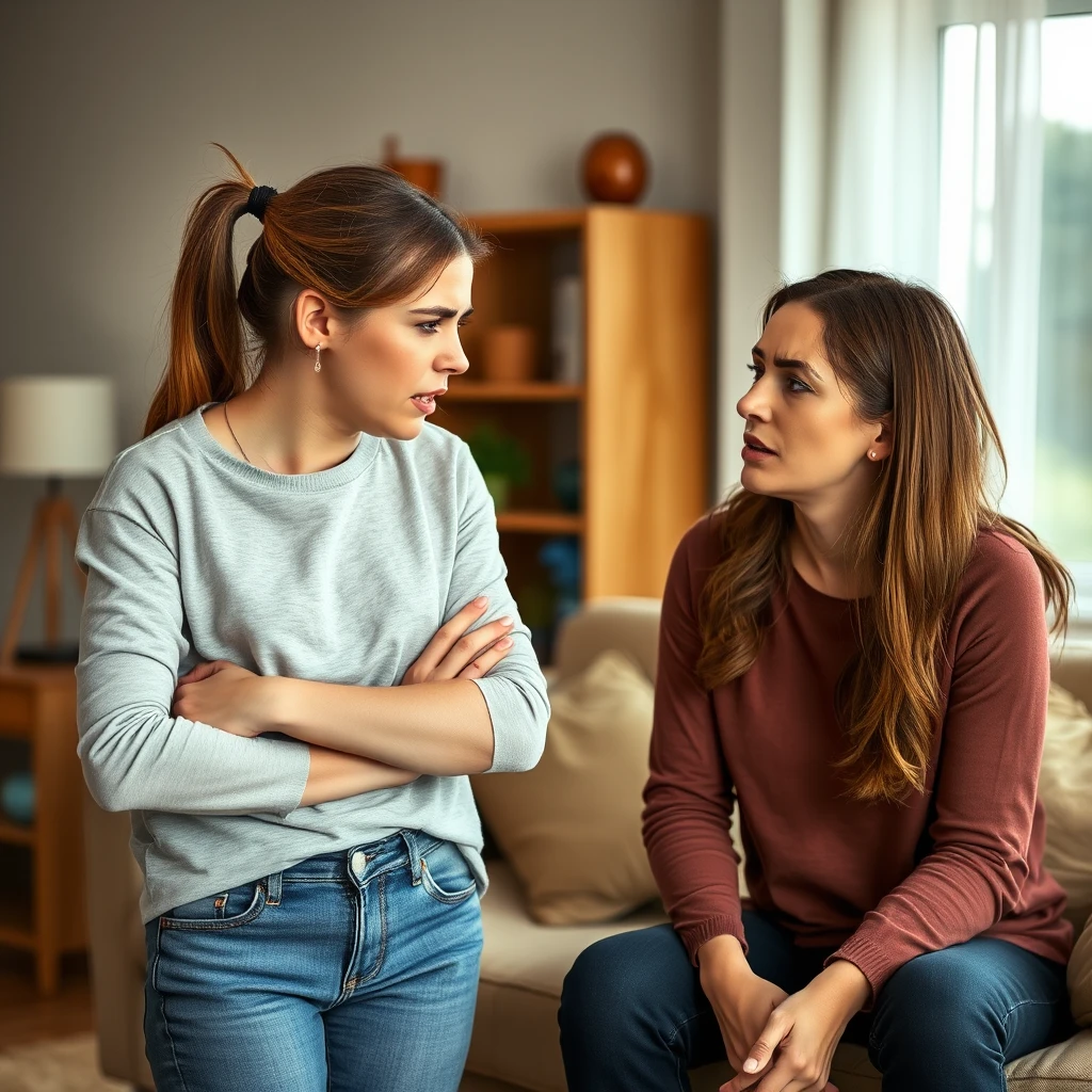 teenage girl arguing with her mom in the living room