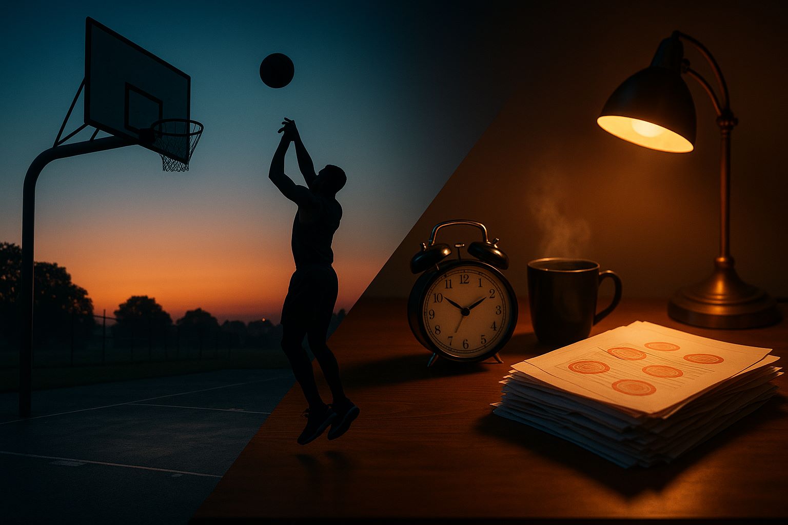 새벽 농구 코트에서 홀로 슛을 던지는 남성과, 따뜻한 조명 아래 원고와 알람시계가 놓인 책상 &ndash; 꾸준함과 인내를 상징하는 이미지. 성공한 사람들의 공통점, 하기 싫은 일을 매일 해내는 태도
