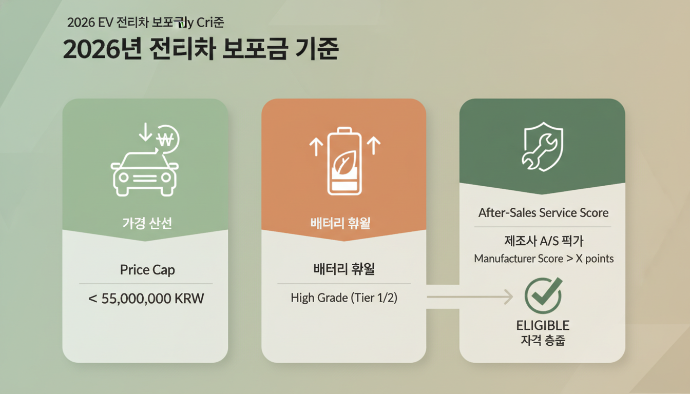 2026년 전기차 보조금 지급 기준을 나타내는 인포그래픽: 가격 상한선, 배터리 효율, 제조사 사후 관리 점수.