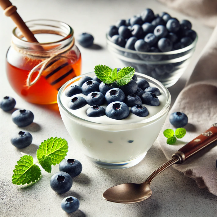 신선한 블루베리가 요거트와 함께 놓인 장면을 담은 이미지.