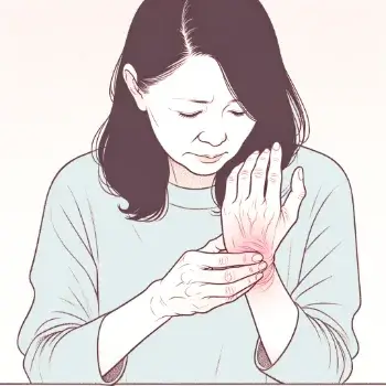 류마티스 관절염으로 인해 손의 관절이 부어올라 통증을 줄이려 다른 한 손으로 손을 주무르고 있는 여성.