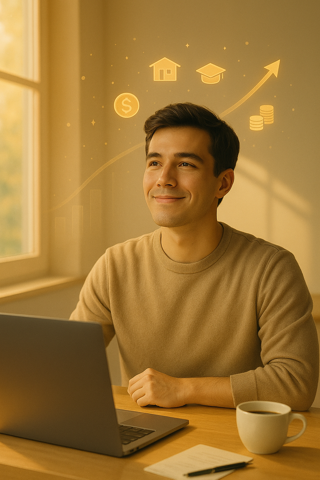 재테크 계획을 세우며 확신에 찬 미소를 짓고 있는 젊은 사회초년생의 따뜻한 오후 모습