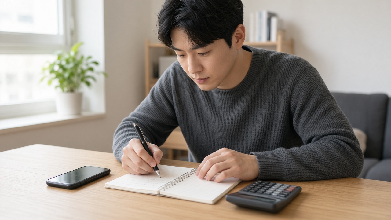 주말 아침 집 책상에서 휴대폰과 계산기 옆 수첩에 공모주 청약 증거금을 계산해 적는 한국인 20대 후반 남성