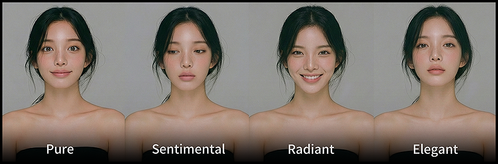 나노 바나나로 생성한 인물 캐릭터의 Pure, Sentimental, Radiant, Elegant 성격 표현 시트, 부드럽고 우아한 감성 범위에서 성격 변화를 관찰한 캐릭터 이미지_Midjourney &amp; Nano Banana