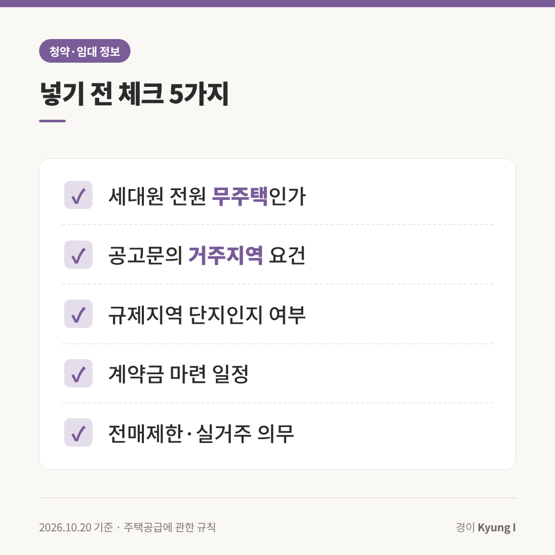 무순위 청약 넣기 전 체크 5가지: 세대원 전원 무주택, 거주지역 요건, 규제지역 여부, 계약금 일정, 전매제한&middot;실거주 의무