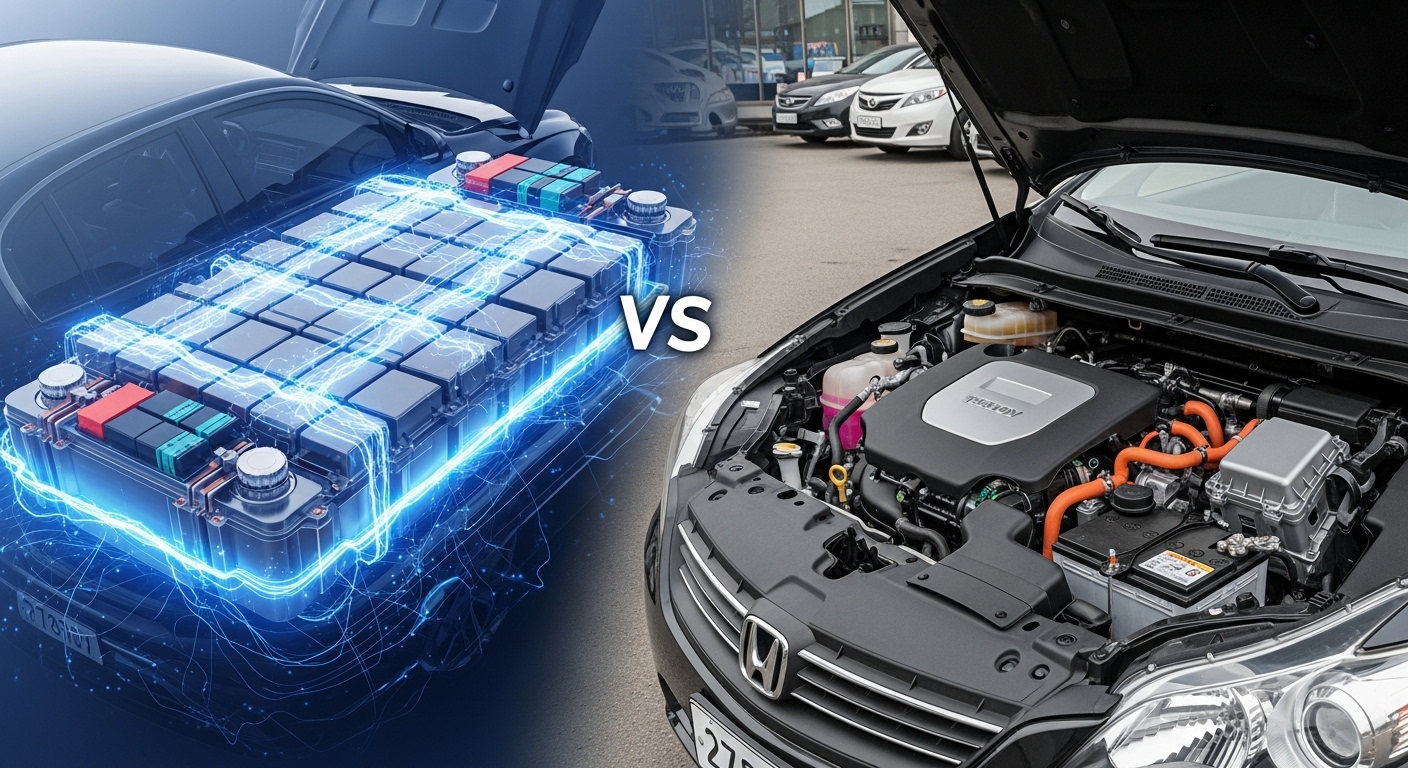 전기차 배터리와 하이브리드 엔진, 그리고 중고차 시장의 미래 가치를 비교하는 이미지