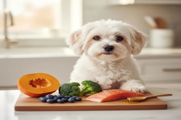 신선한 채소와 연어가 놓인 도마 앞에 앉아있는 강아지. 식이 알러지 관리의 핵심인 올바른 식단의 중요성을 시각적으로 강조합니다.