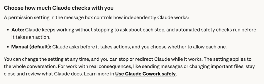 Claude 고객센터의 Choose how much Claude checks with you 단락, Auto와 Manual(default) 설명과 설정은 대화 전체에 적용된다는 안내