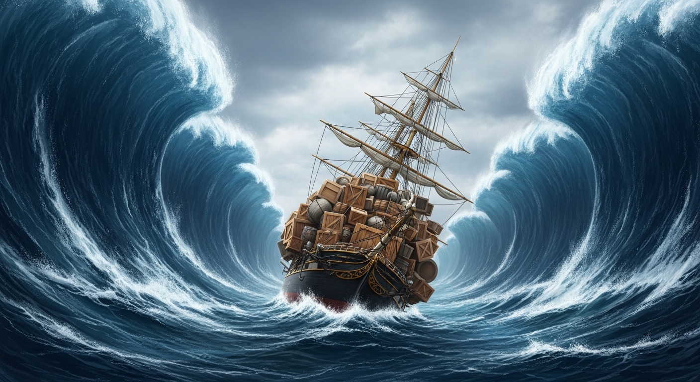 High waves (tariffs) blocking a sailing ship, and heavy cargo (population decline) weighing down the ship.
