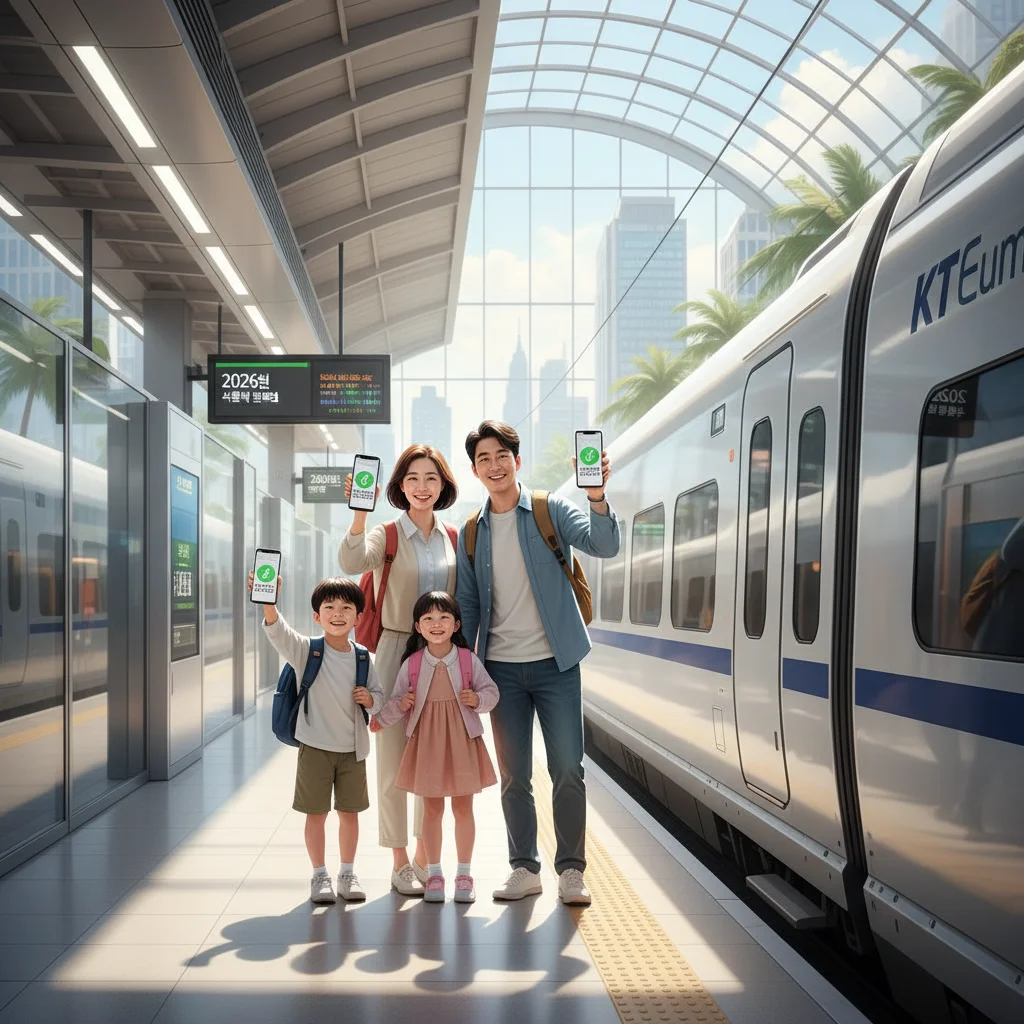 2026년 KTX 기차역 승강장에서 스마트폰으로 다자녀 할인 승차권을 확인하며 웃고 있는 4인 가족의 행복한 모습