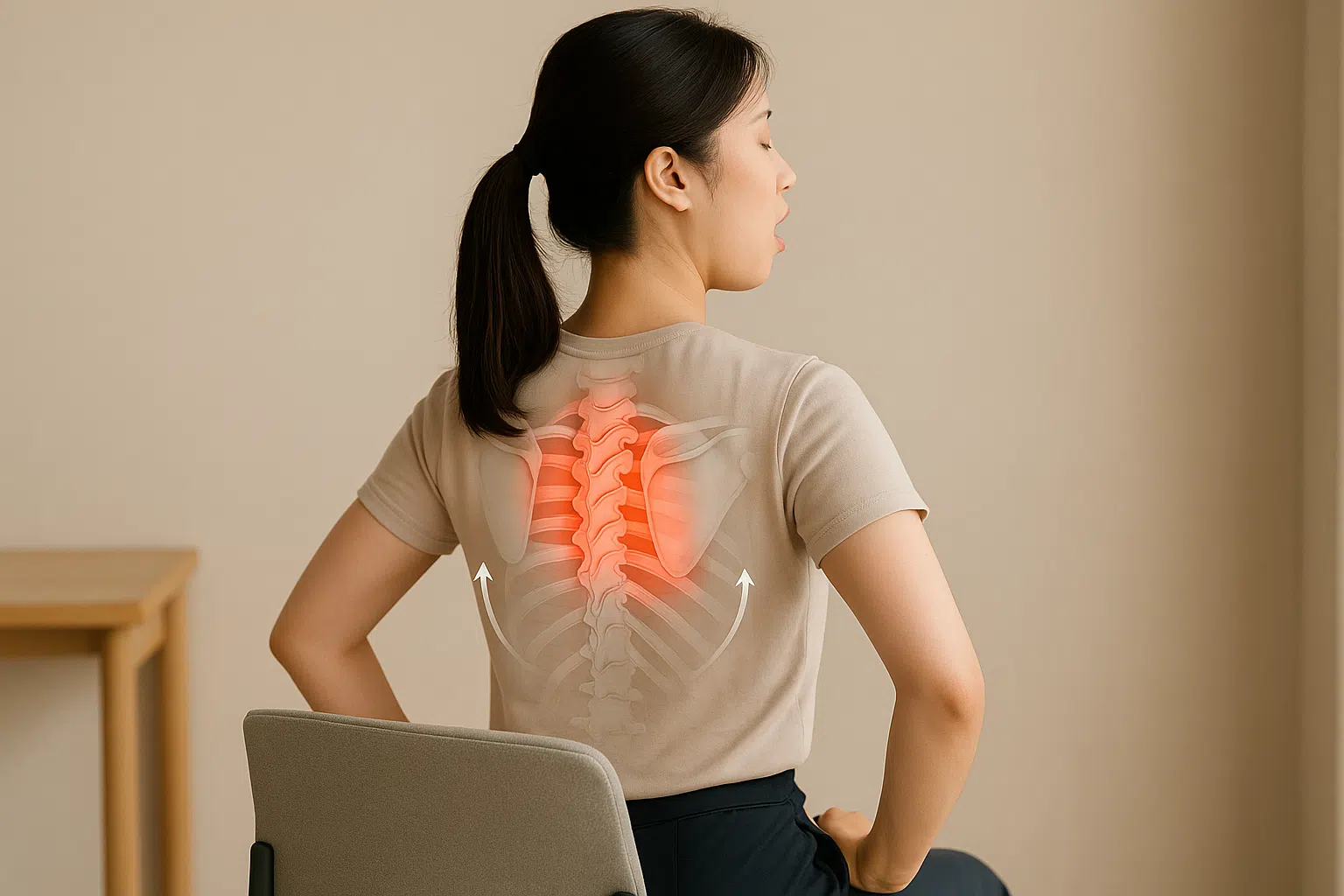 의자에 앉아 양 어깨를 뒤로 모으며 견갑골이 붙는 느낌을 표현한 한국인 여성