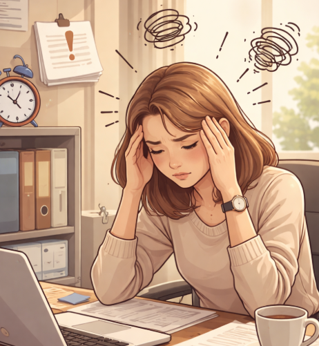 코르티솔 수치가 높아 긴장된 사람의 모습과 스트레스 환경