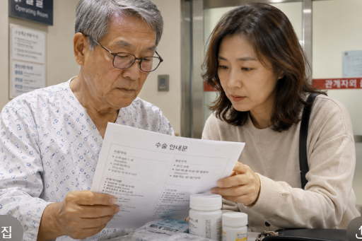 수술실 앞에서 복용약과 수술 안내문을 함께 확인하는 부녀