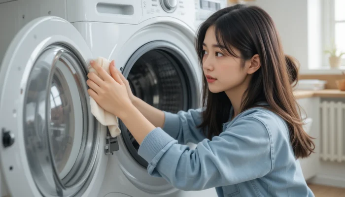 세탁기 고무 패킹 청소하는 여성