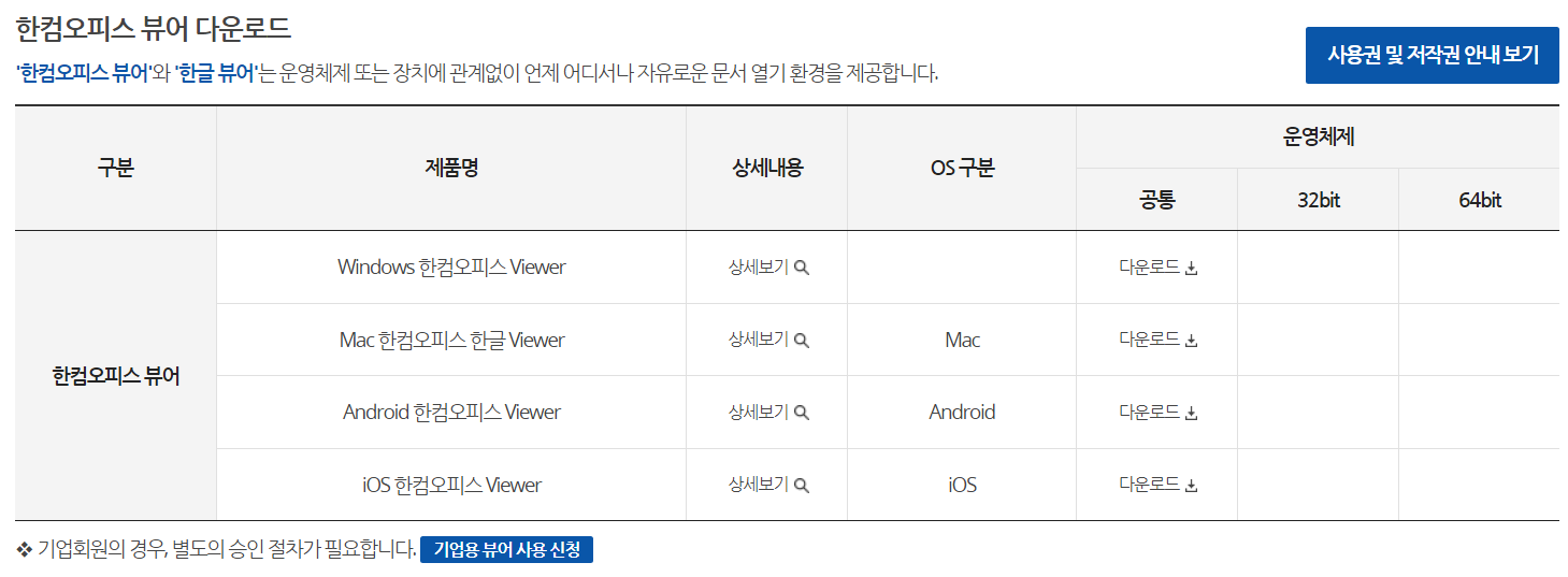 한컴오피스 뷰어 다운로드