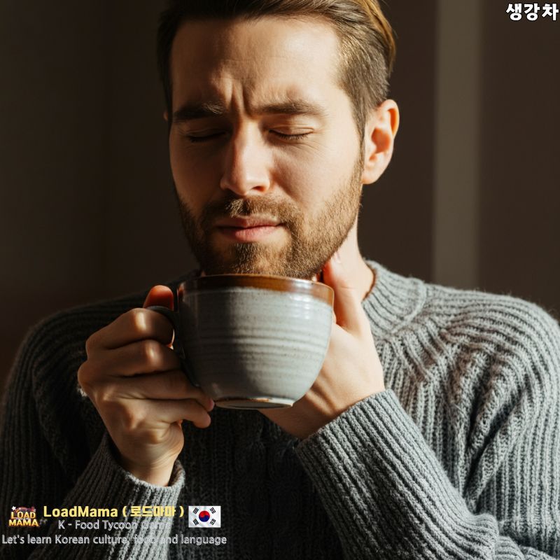 인후통을 달래기 위해 생강차를 마시는 사람.