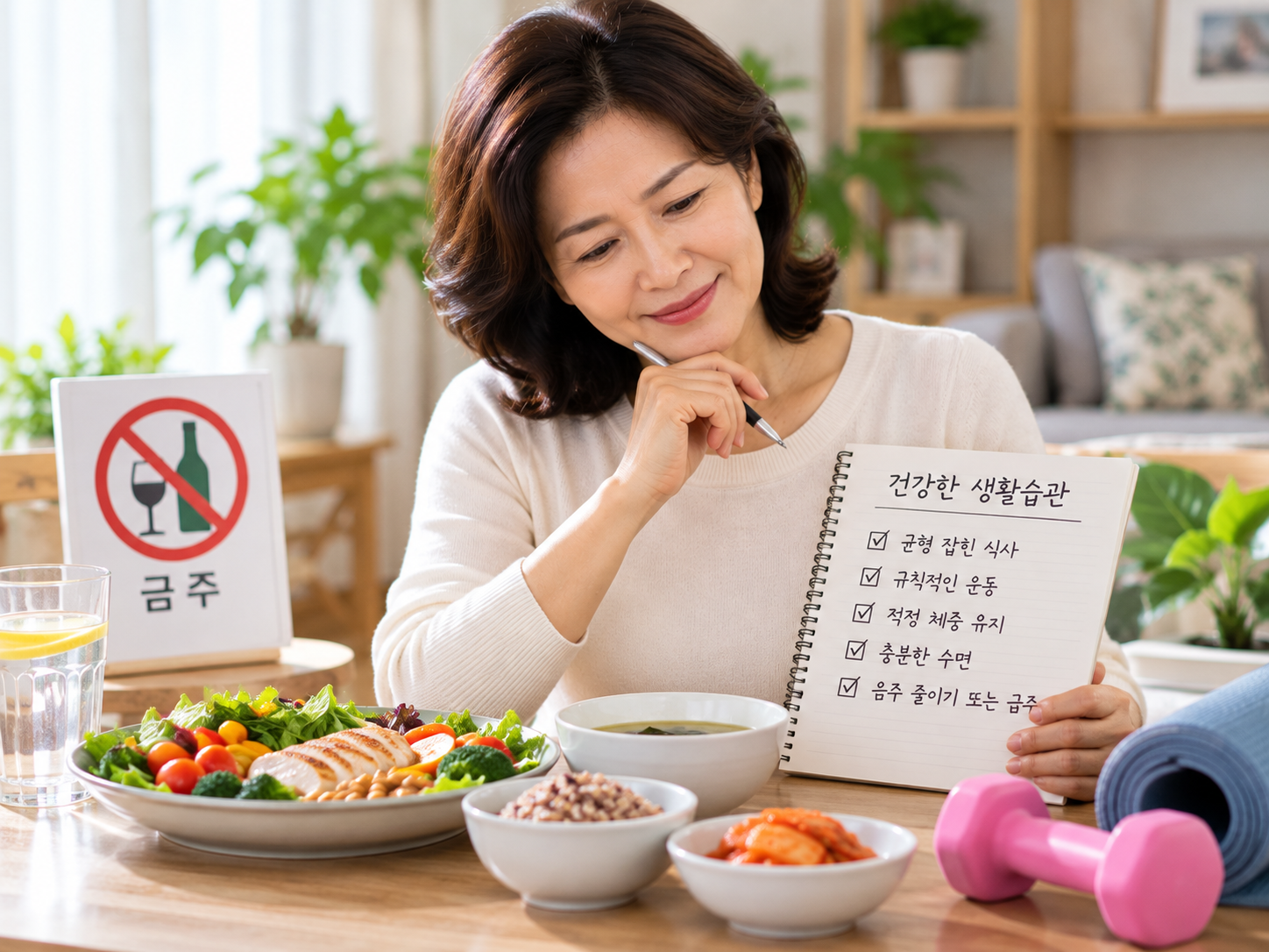 음주하지 않는 중년 여성이 건강한 식사와 생활습관을 점검하는 모습
